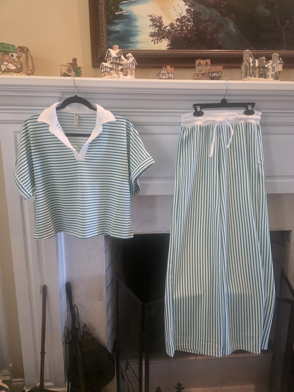 Zenana Outfitters Green & White Striped Wide Leg Pant Set
